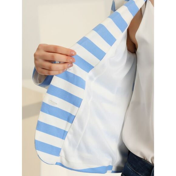 Notched Lapel Pocket Button Closure Striped Blazer Light Blue - Picture 5 of 5